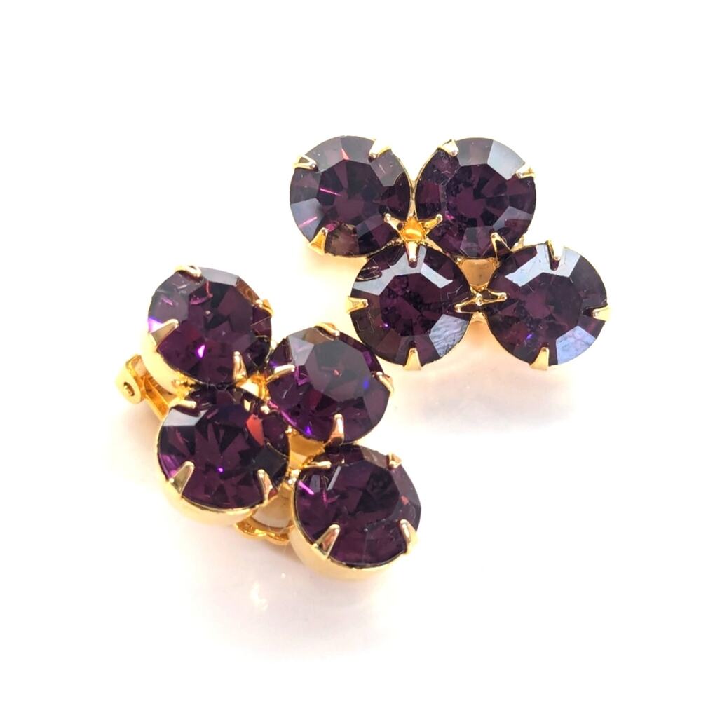Vintage Norma Jean Stunning Gold Tone Purple Glass Rhinestone Clip On Earrings